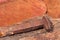 Rusted nail of the original Ghan railway line on a piece of rotten timber