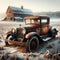 Rusted Old Car Weathered Vintage Red Barn Historic Winter Landscape Scenic Country Agriculture AI Generated Far