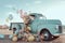 Rusted patina light blue pickup truck, pastel color, flowers and balloons