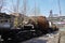 Rusted rail vehicle in abandoned steel works