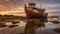 A rusted shipwreck ship on the seashore