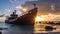 A rusted shipwreck ship on the seashore