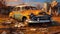 A rusted steel car in a forgotten junkyard