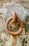 Rusted steel mooring ring on cement in rock wall