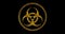 Rusted yellow painted metal biohazard logo spinning. Loop animation with alpha channel