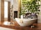 Rustic accents open concept bathroom with wall atrium and fireplace .