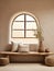 Rustic aged wood log bench near beige stucco wall. Boho interior design of modern living room with arched window