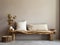 Rustic aged wood log bench near stucco empty wall with copy space. Boho interior design of modern living room