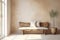 Rustic aged wood log bench near stucco empty wall with copy space. Boho interior design of modern living room with window in