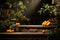 Rustic allure, Stone based mockup stage hosts oranges, olive leaves for product presentation