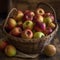 A rustic apple basket filled with a variety of heirloom apples,
