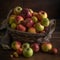 A rustic apple basket filled with a variety of heirloom apples,