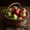 A rustic apple basket filled with a variety of tart and sweet apples