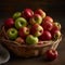 A rustic apple basket filled with a variety of tart and sweet apples