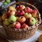 A rustic apple basket filled with a variety of tart and sweet apples