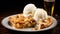 A rustic apple pie with a golden crust and a scoop of vanilla ice cream