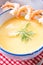 Rustic asparagus soup with shrimp skew and diel