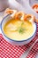 Rustic asparagus soup with shrimp skew and diel