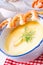 Rustic asparagus soup with shrimp skew and diel