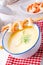 Rustic asparagus soup with shrimp skew and diel