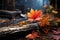 Rustic autumn charm with colorful leaves