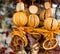 Rustic Autumn Fall Decoration of Vegetable Elements, with dry oranges and wood parts