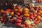 A rustic autumn still life with pumpkins , large different pumpkins, Different varieties of pumpkins, a wooden cart with pumpkins