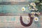 Rustic background with rusty horseshoe and bouquet of daisies on