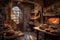 rustic bakery setting with a stone oven and bread