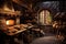 rustic bakery setting with a stone oven and bread