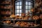 rustic bakery shelves with various pastries and cakes