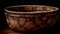 Rustic bamboo bowl with ornate handle, woven fiber decoration generated by AI