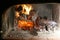 Rustic barbeque oven with grill. Bright flames, wood, embers and ashes