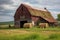 rustic barn with bales of hay and horse in the background