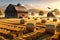 Rustic Barn Surrounded by Golden Fields, Hay Bales Scattered, Farmer Tending to Animals Early Morning