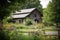 rustic barn surrounded by lush trees and blooming flowers, perfect for a wedding venue