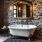 A rustic bathroom with a clawfoot bathtub and stone walls5, Generative AI