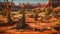 Rustic Beauty: Red Desert Landscape with Sandstone Formations and Dead Trees