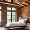 Rustic bedroom with exposed brick and reclaimed wood beams1, Generative AI