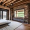 Rustic bedroom with exposed brick and reclaimed wood beams2, Generative AI