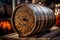 A rustic beer barrel, aged and weathered, with intricate carvings and a tap flowing with amber nectar, symbolizing the