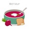 Rustic beet soup with bread and garlic. Healthy eating meal. Vector illustration.