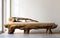 Rustic bench made from tree trunk near empty white wall with copy space. Boho interior design of modern living room with window in