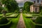 Rustic Bench in Tranquil English Garden: A Close-Up Amid Nature\\\'s Beauty