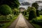 Rustic Bench in Tranquil English Garden: A Close-Up Amid Nature\\\'s Beauty