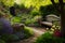 Rustic Bench in Tranquil English Garden: A Close-Up Amid Nature\\\'s Beauty