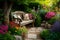 Rustic Bench in Tranquil English Garden: A Close-Up Amid Nature\\\'s Beauty