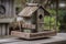 rustic birdhouse made from weathered wood and metal feeder