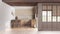 Rustic bleached wooden kitchen in white and beige tones. Cabinets, island with stools, parquet floor. Door and window. Farmhouse