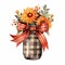 Rustic Bliss: Charming Autumn Florals in Mason Jar with Plaid Bow - Isolated on White Background - Generative AI